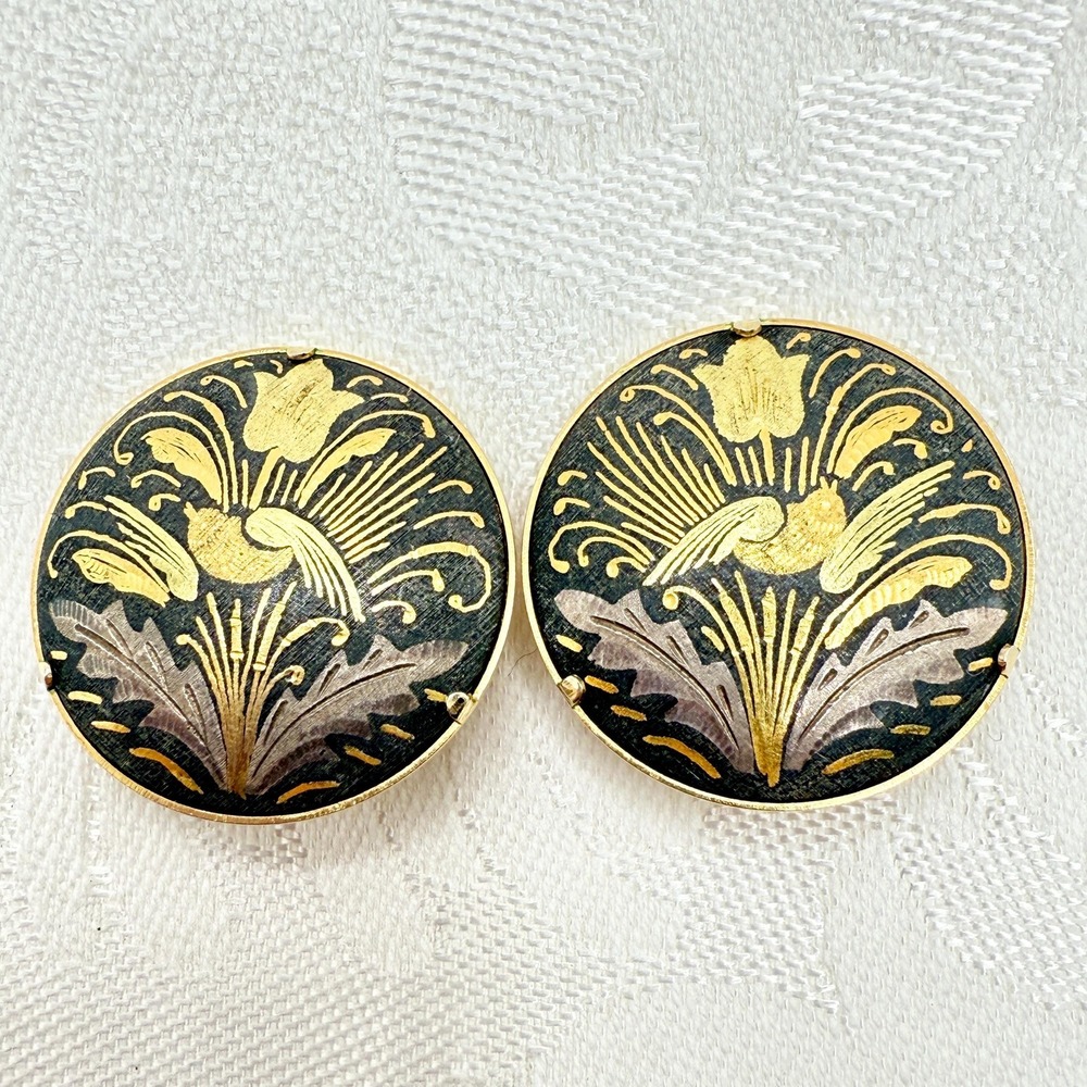Vintage Damascene Style Black and Gold Floral‎ Bird Scene Round Clip-On Earrings